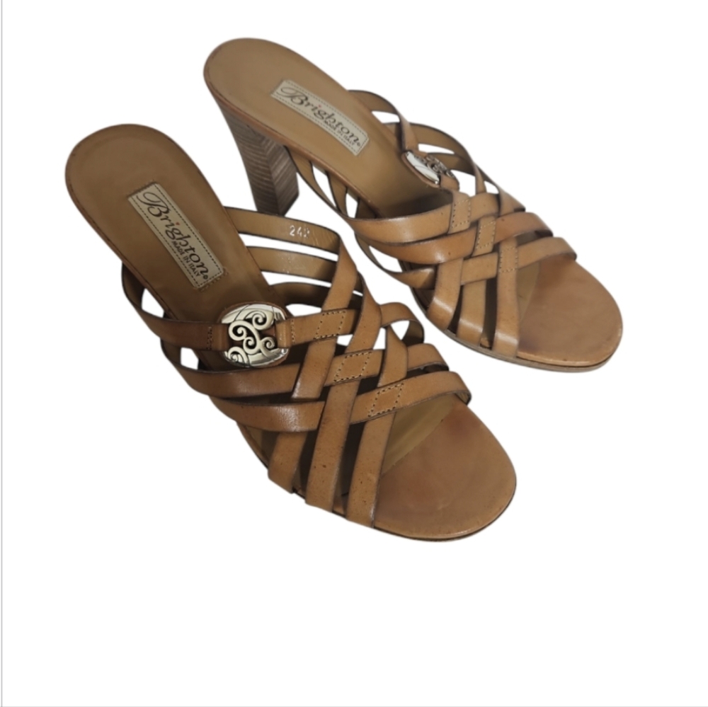 Brighton Vista Tan Strappy Leather Stacked Heel Sandal Size 9